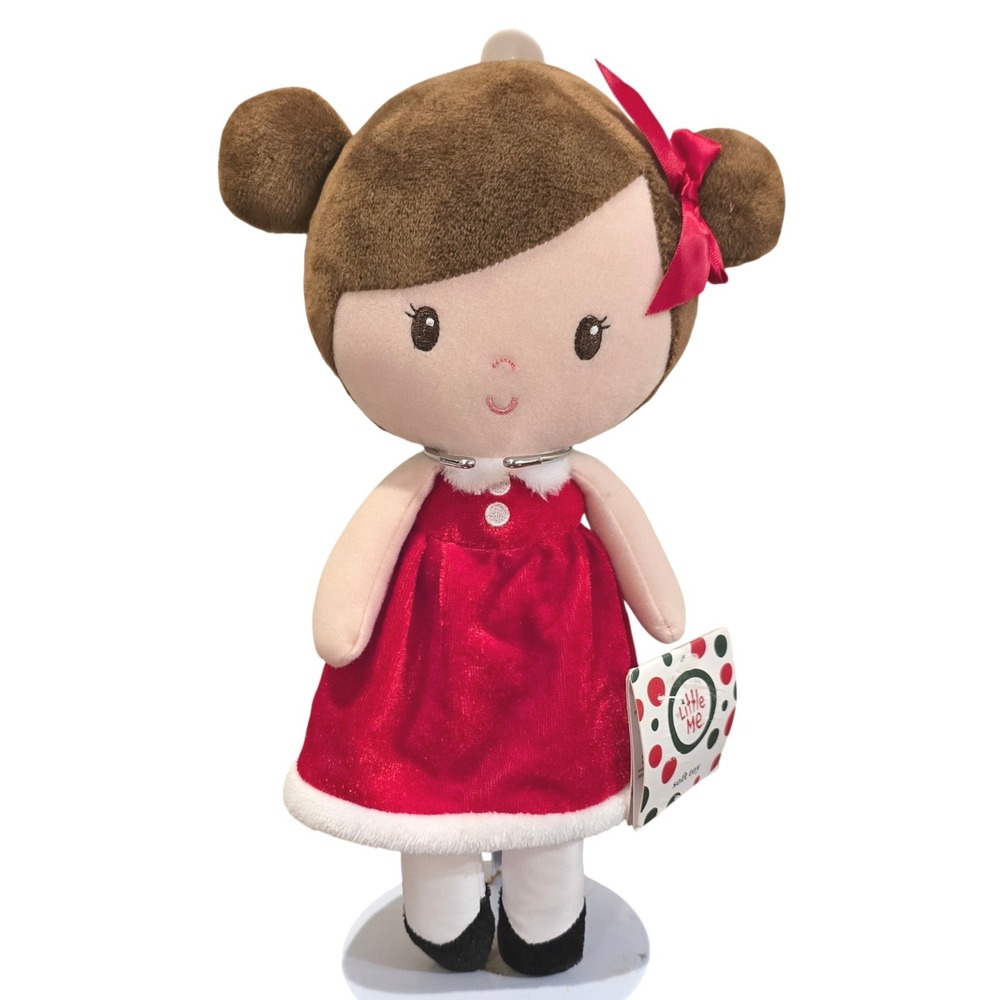 Little Me 2024 Christmas Plush Doll 12" Red Velvet Dress Brown Hair Holiday NWT